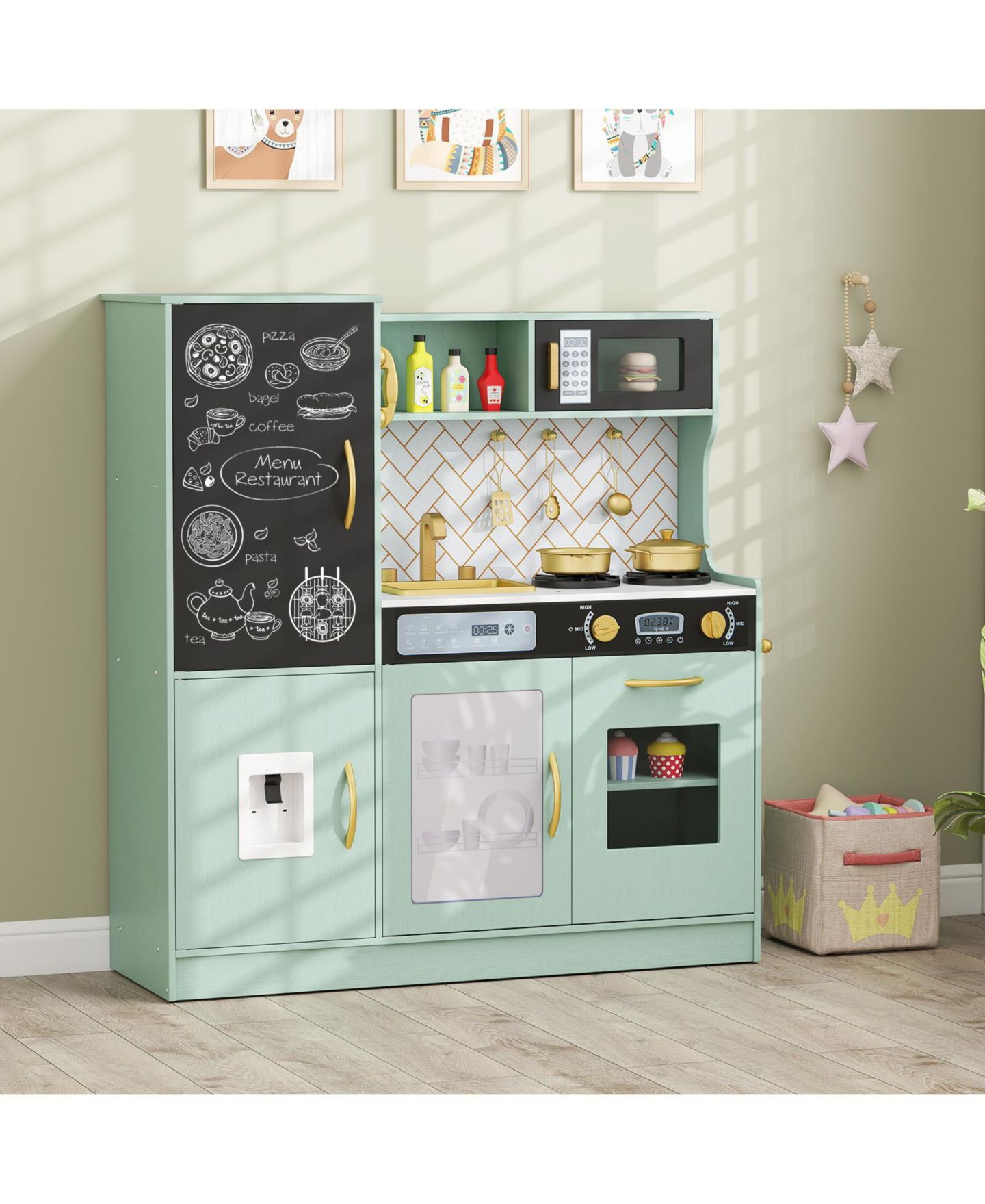 Детская игрушка Gymax Light-Up Stoves Chalkboard Play Kitchen, Ages 3+, цвет: Зелёный — фото 8
