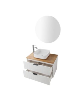 Streamdale 32" Double Drawer White Vanity, Natural Wood Top, Ceramic Sink & Round Mirror
