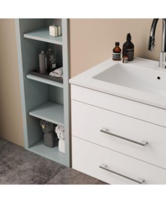 24" White Gloss Wall-Mount Vanity, Double Drawer, Ceramic Sink
