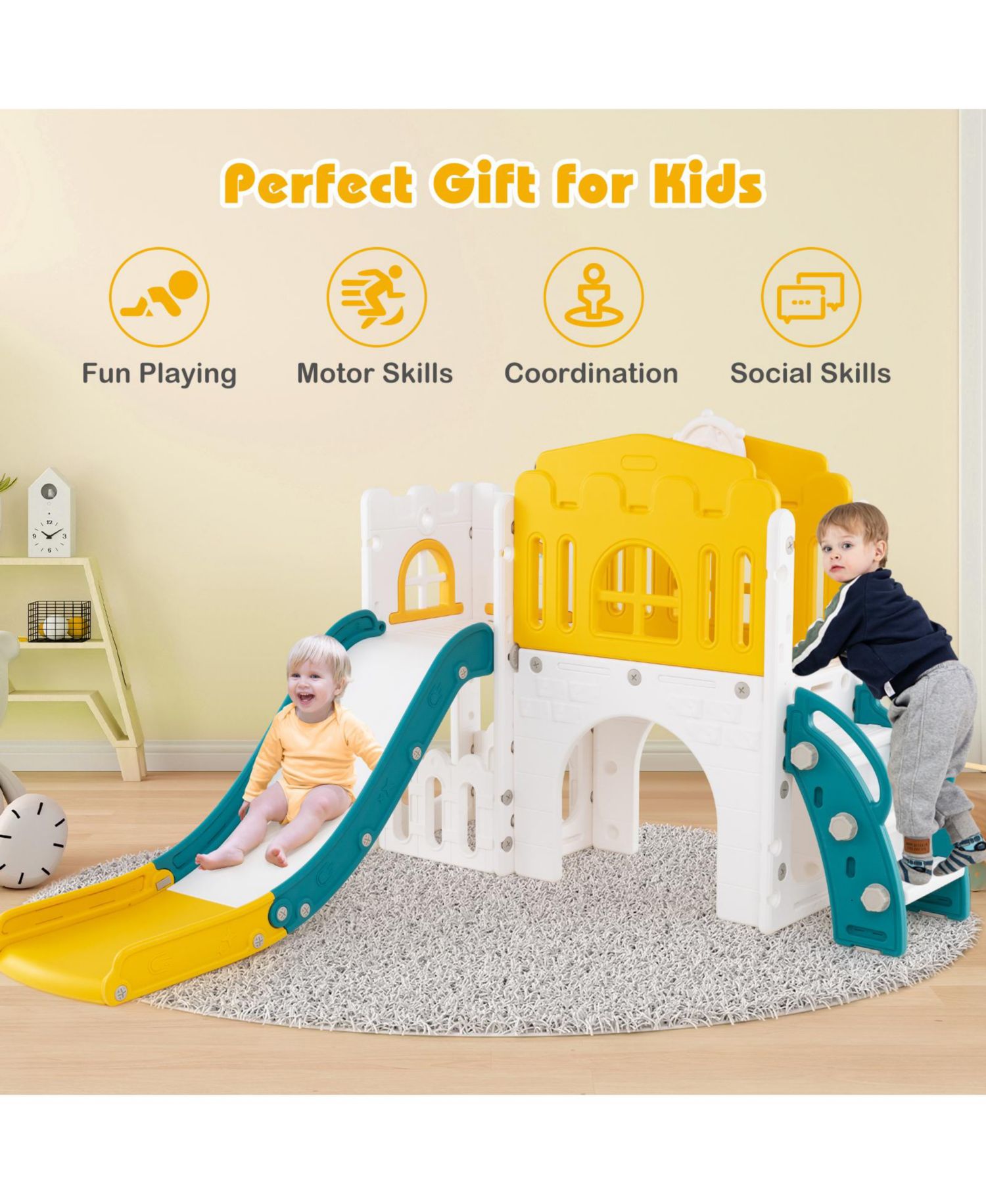 9 in 1 Toddler Slide L Shaped Kids Slide and Climber Playset w/ Basketball Hoop