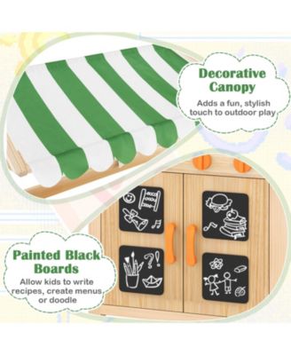 Kids Mud Kitchen Outdoor Wooden Pretend Play Kitchen w/ 4 Stoves, Canopy Faucet