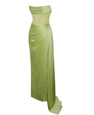 Women's Prisa Lime High Slit Satin Corset Gown