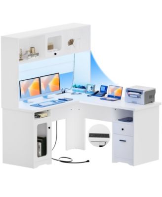 L Shaped Desk with Hutch, Corner Desk Workstation with Charge Station and File Cabinet