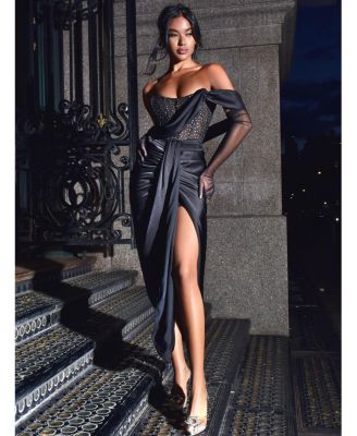 Women's Stella Black Off Shoulder Crystal Corset Satin Gown