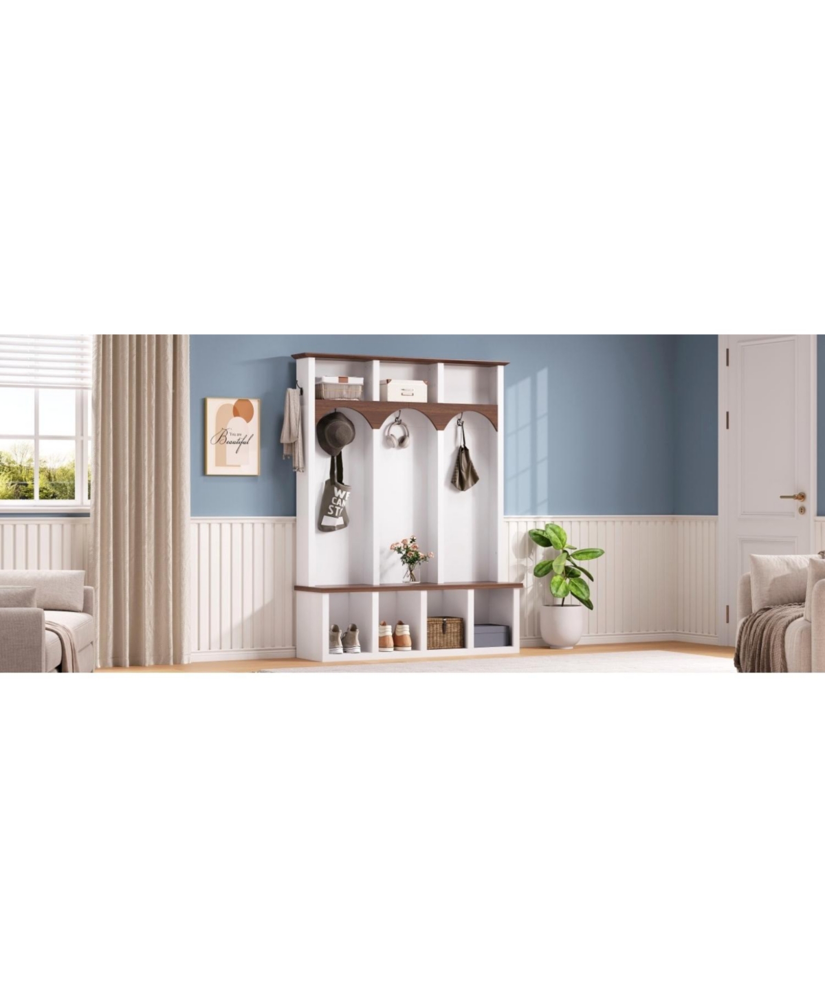 Streamdale Farmhouse Hall Tree Bench Shoe Cabinet - Walnut & Black