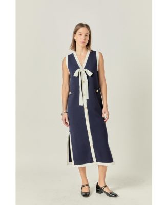 Women's Knit Midi Dress With Ribbon Tie