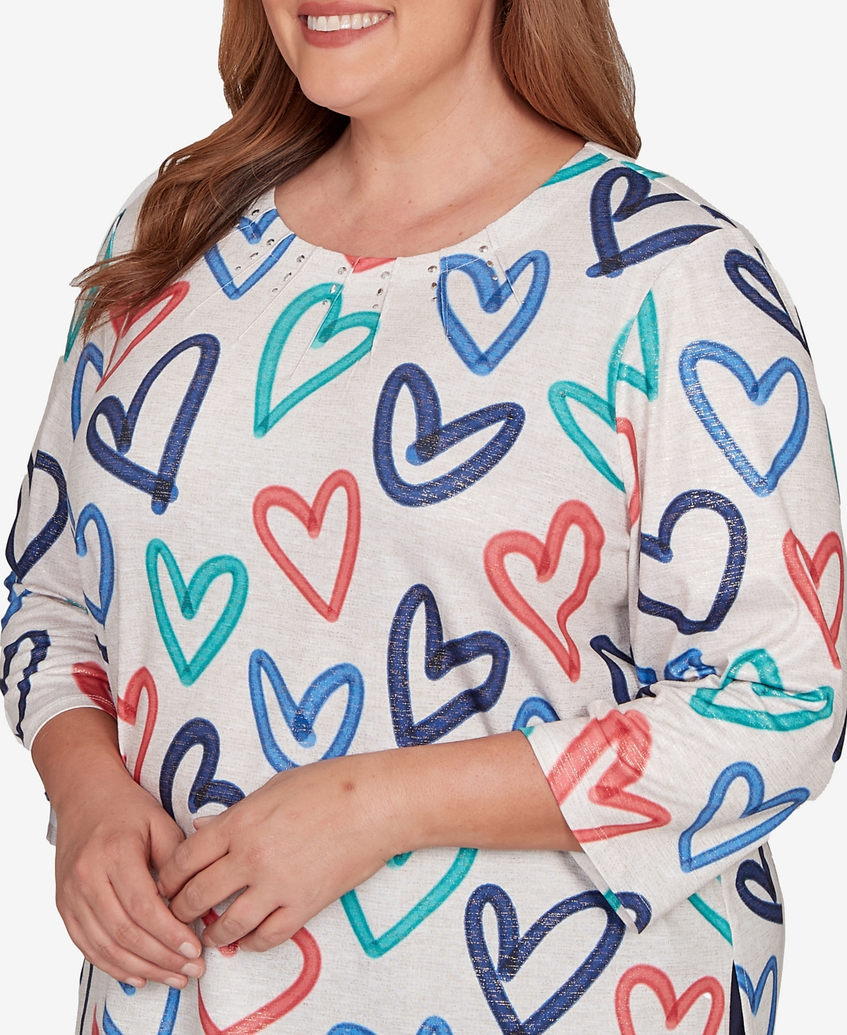 Alfred Dunner Plus Size Saratoga Springs Tossed Heart Pattern Knit Top In Multi