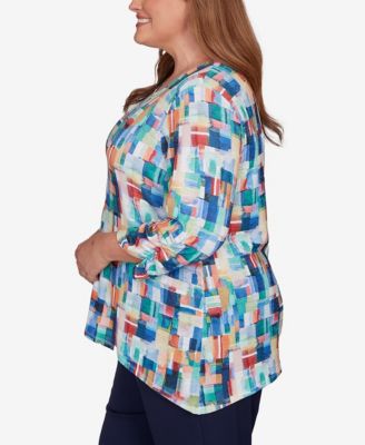Plus Size Saratoga Springs Tile Print Colorblock Textured Top