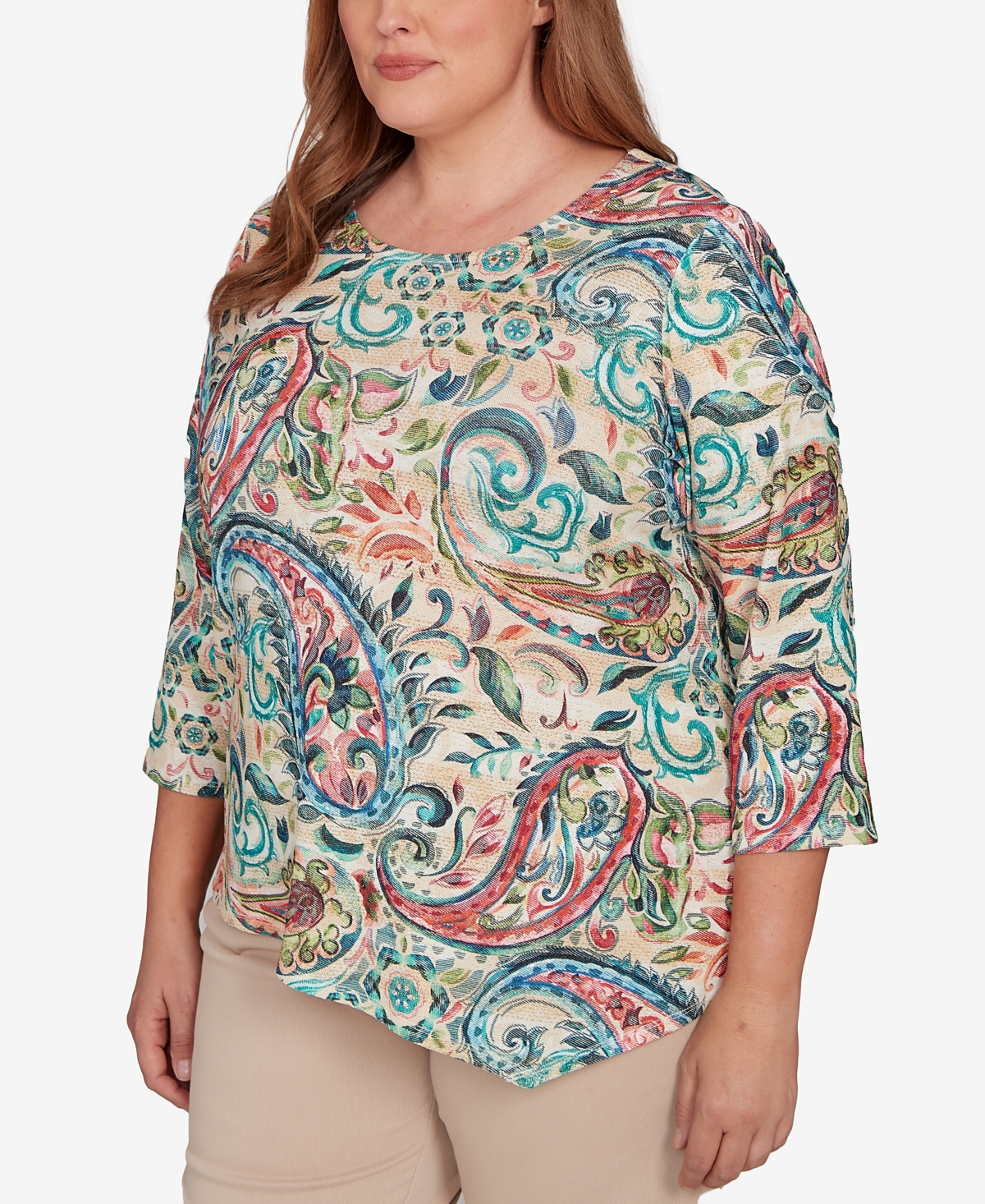 Alfred Dunner Plus Size Saratoga Springs Classic Paisley Print Pullover Knit Top In Blue