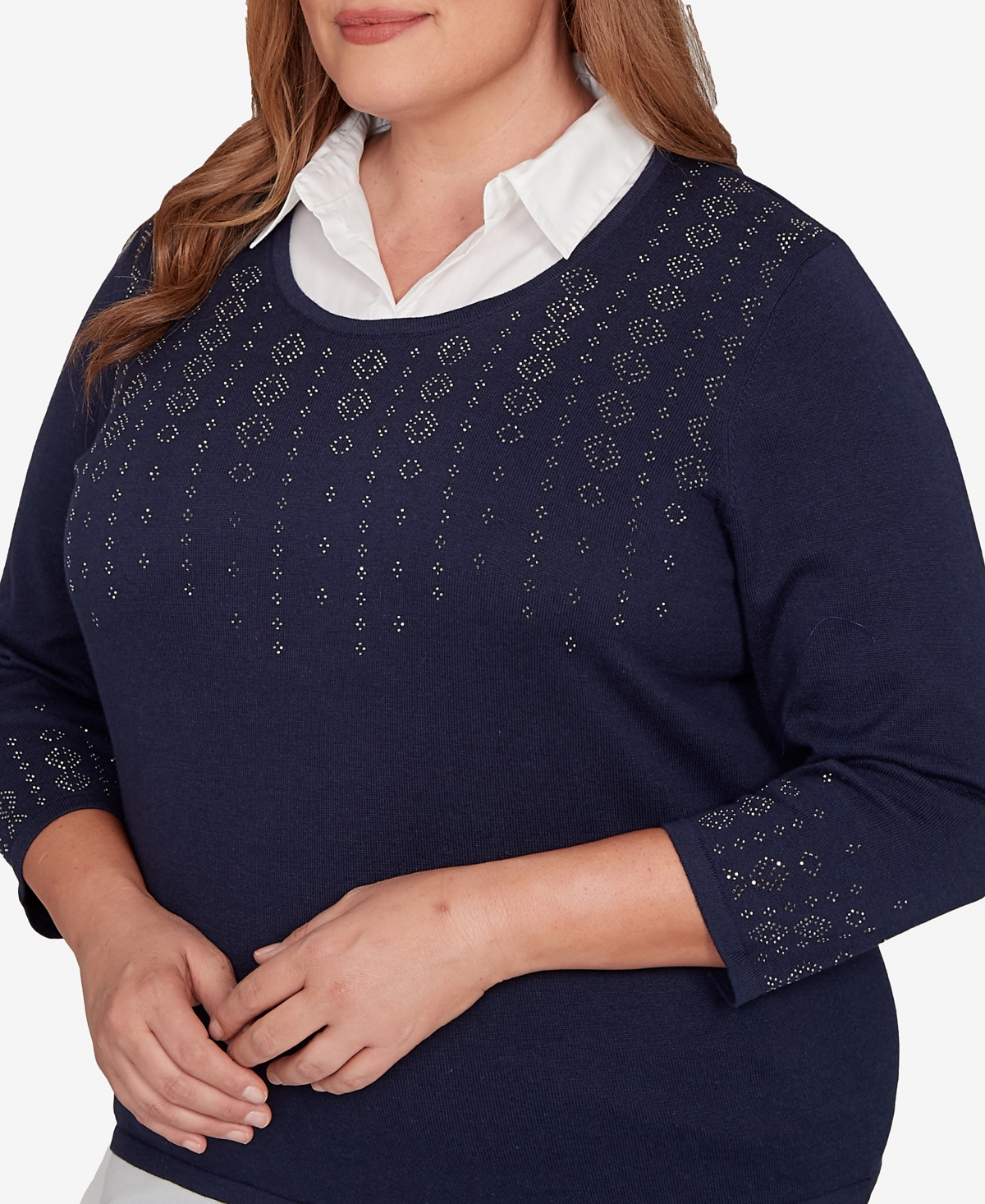 Alfred Dunner Plus Size Saratoga Springs Metallic Studded Textured Two In One Sweater In Blue