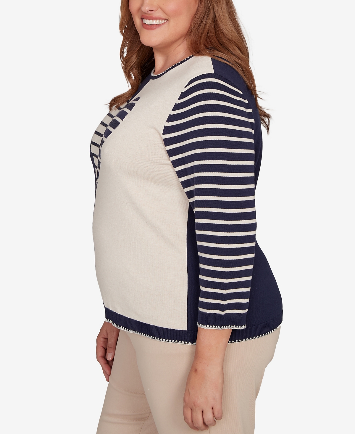 Alfred Dunner Plus Size Saratoga Springs Heart Motif Detail Striped Sweater In Blue