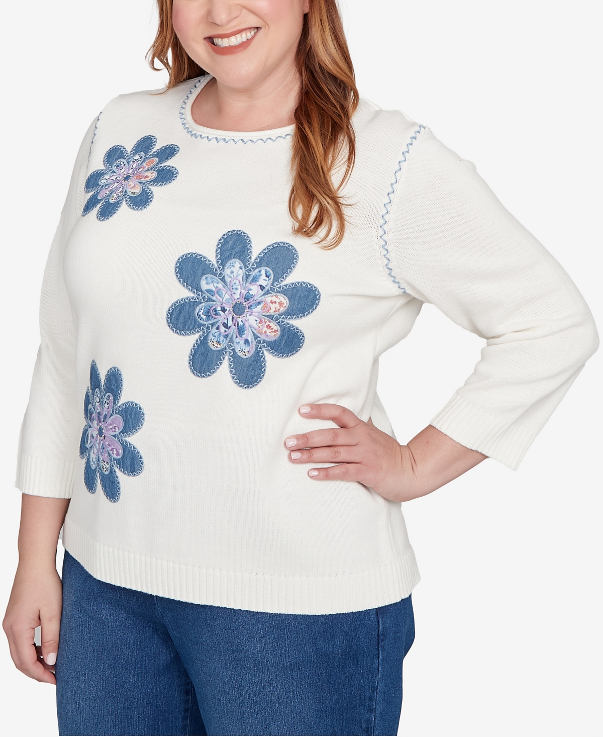 Alfred Dunner Plus Size Hilton Head Quilted Denim Applique Flower Sweater In White