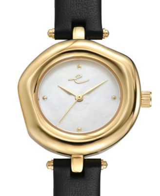 Open Circle Gold Plated Black Leather Watch, 70-110mm