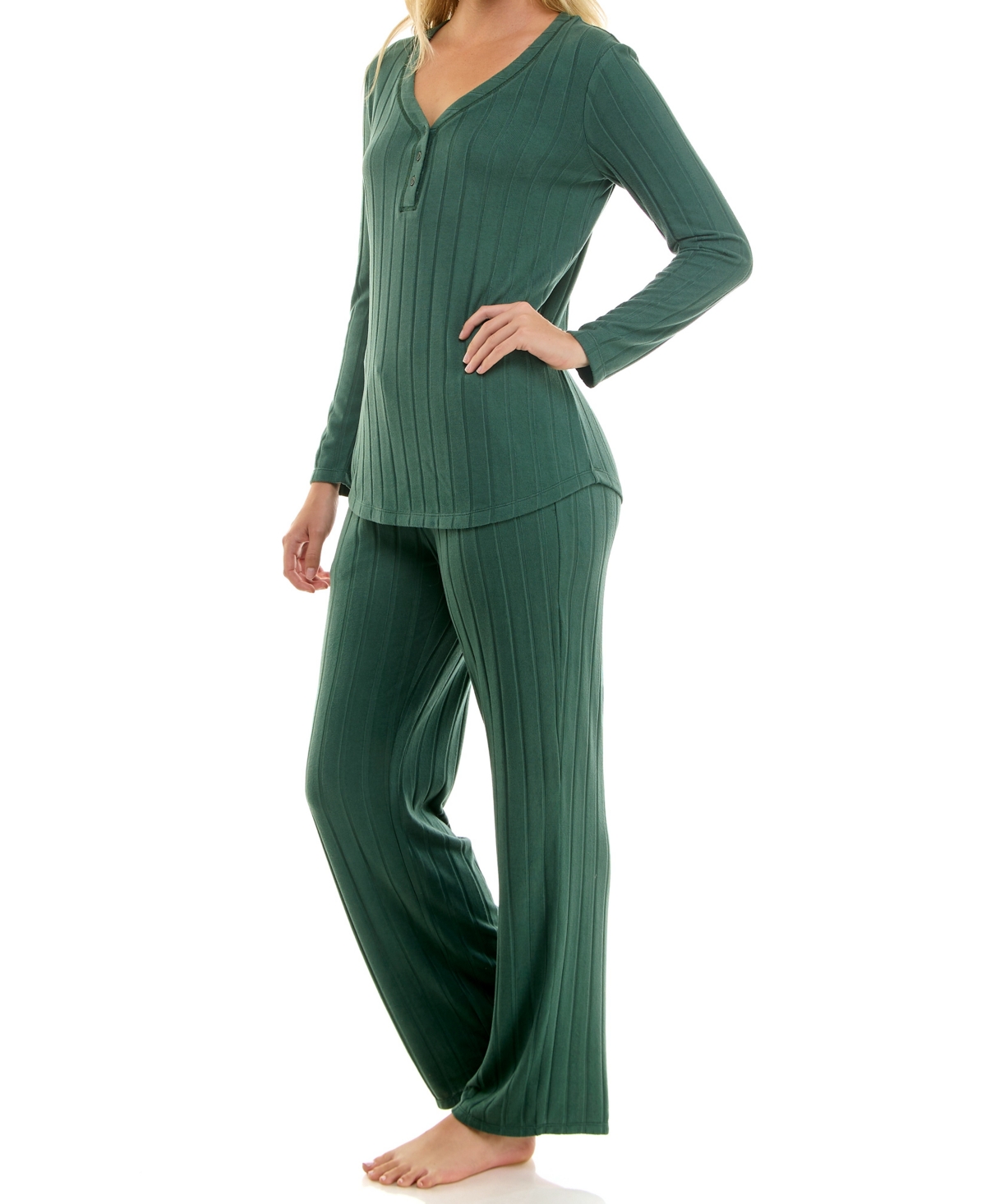 Jaclyn Intimates Women's Whisper Soft Wide Ribbed Pajamas In Green