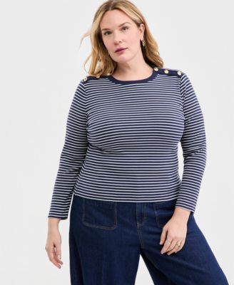 On 34th - Trendy Plus Size Striped Button-Shoulder Long-Sleeve T-Shirt