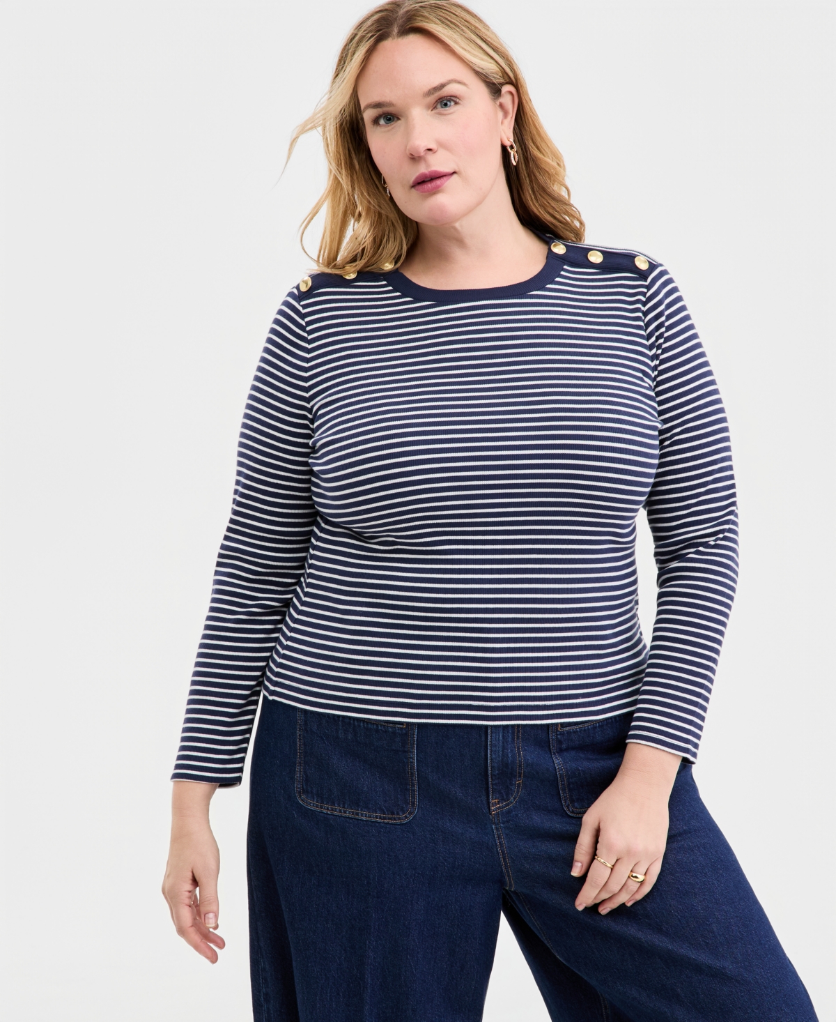 On 34th Trendy Plus Striped Button-Shoulder Long-Sleeve T-Shirt, Macy's Exclusive