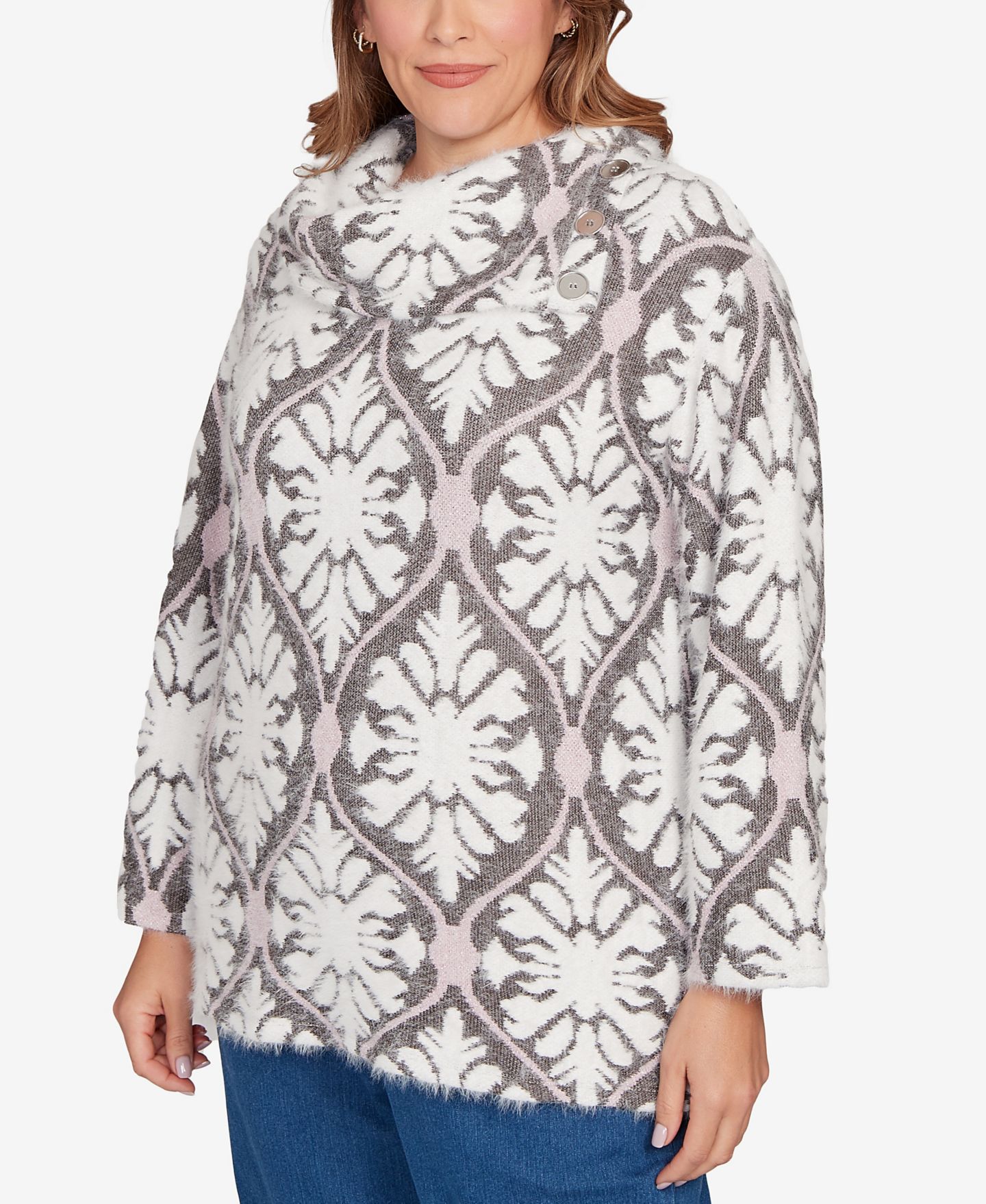 Женский свитер Ruby Rd. Plus Size Medallion Jacquard Sweater Knit Top, цвет: Розовый разноцветный — фото 3