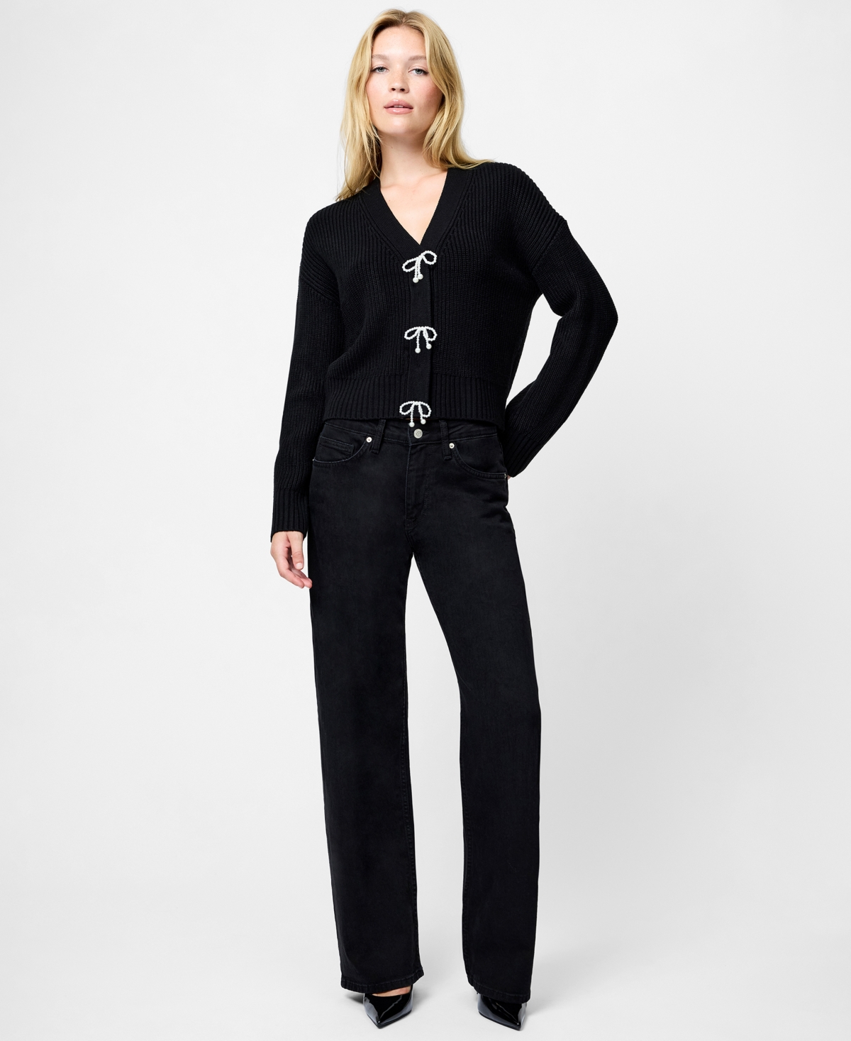 French Connection Fcuk Women's Babysoft Knit V-neck Embellished Bow Cardigan Sweater In Multi