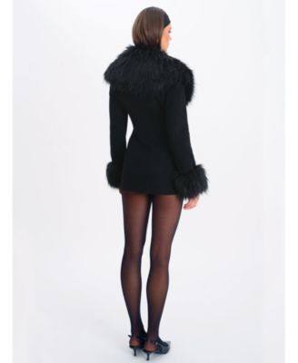 Women Hailee Black Single Breasted Wool Blend Mini Coat with Removable Fur Lapel