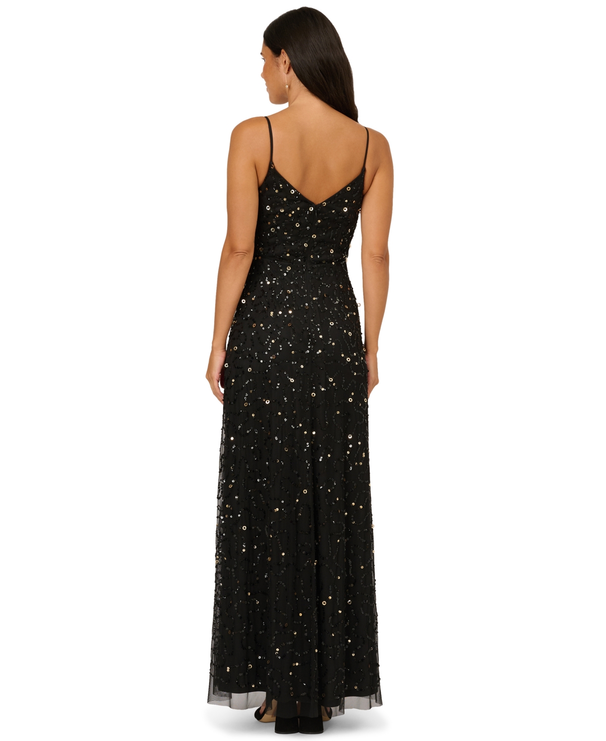 Adrianna Papell Sequin & Bead Floral Mesh Gown In Black
