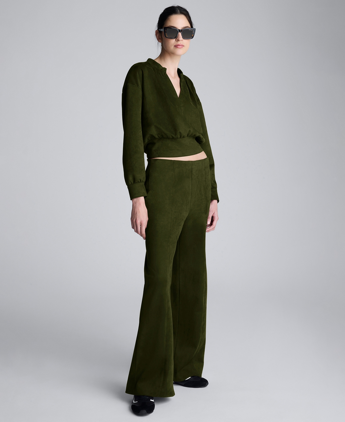 Kenneth Cole Faux Suede Shoulder Pleated Long Sleeve Knit Pullover In Green