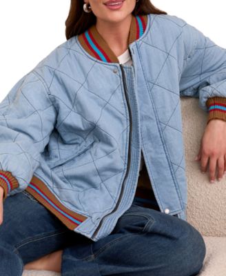 Women's Blue Thread Oversized Cotton Quilted Bomber Jacket