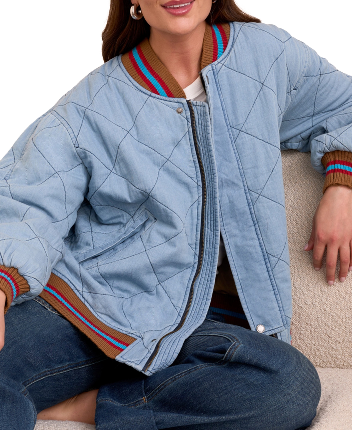 Tribal Women's Blue Thread Oversized Cotton Quilted Bomber Jacket In Blue