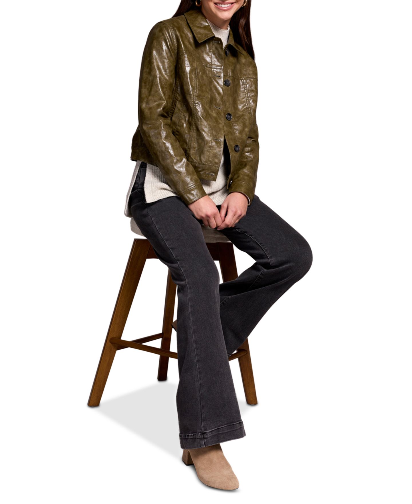 Женская куртка TRIBAL Faux Leather Button-Front Collar-Accent, цвет: Oliveleaf — фото 2