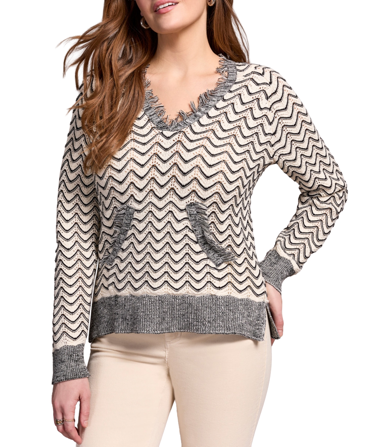 Tribal Women's Fringe Long Sleeve Hooded Sweater In Gray