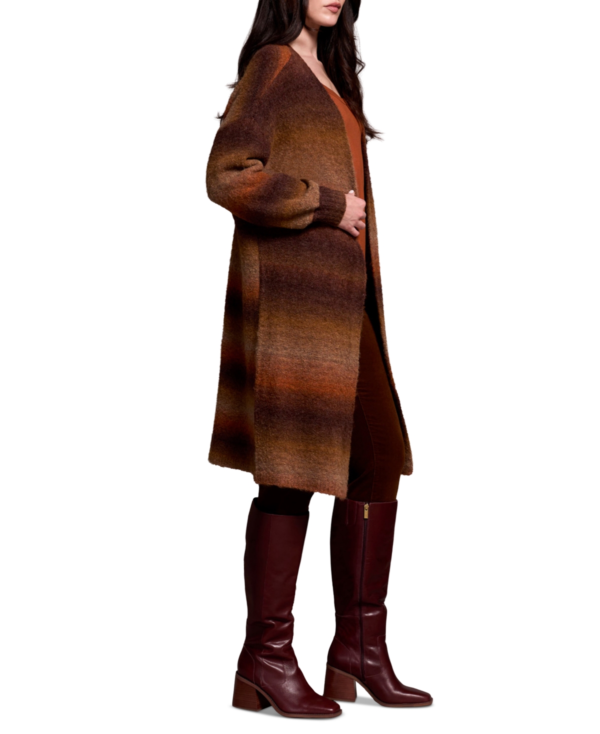 Tribal Women's Boucle Space Dye Puff Sleeve Long Cardigan Sweater In Brown