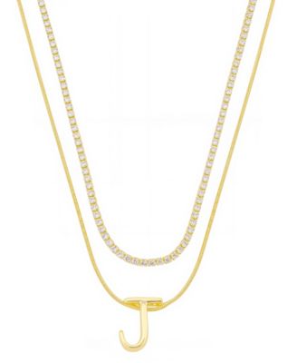 Unwritten - Letter "J" Initial Snake Chain Cubic Zirconia Chain Necklace With Extender 2Pcs Set