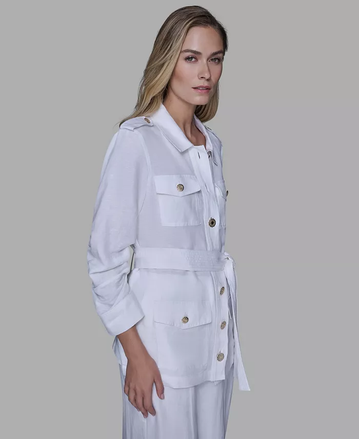 Women's Collared Linen-Blend Belted Jacket - thumbnail 8