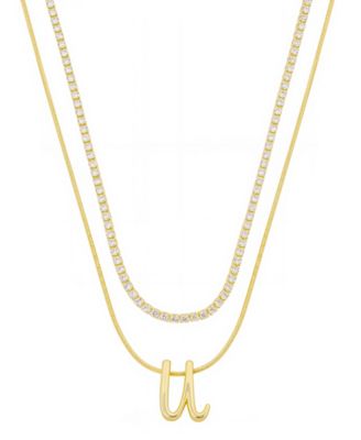 Unwritten - Letter "U" Initial Snake Chain Cubic Zirconia Chain Necklace With Extender 2Pcs Set