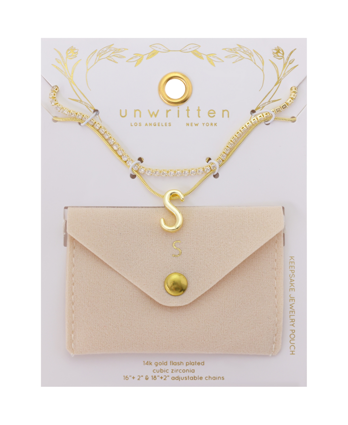 Unwritten Letter "S" Initial Snake Chain Cubic Zirconia Necklace With Extender 2Pcs Set