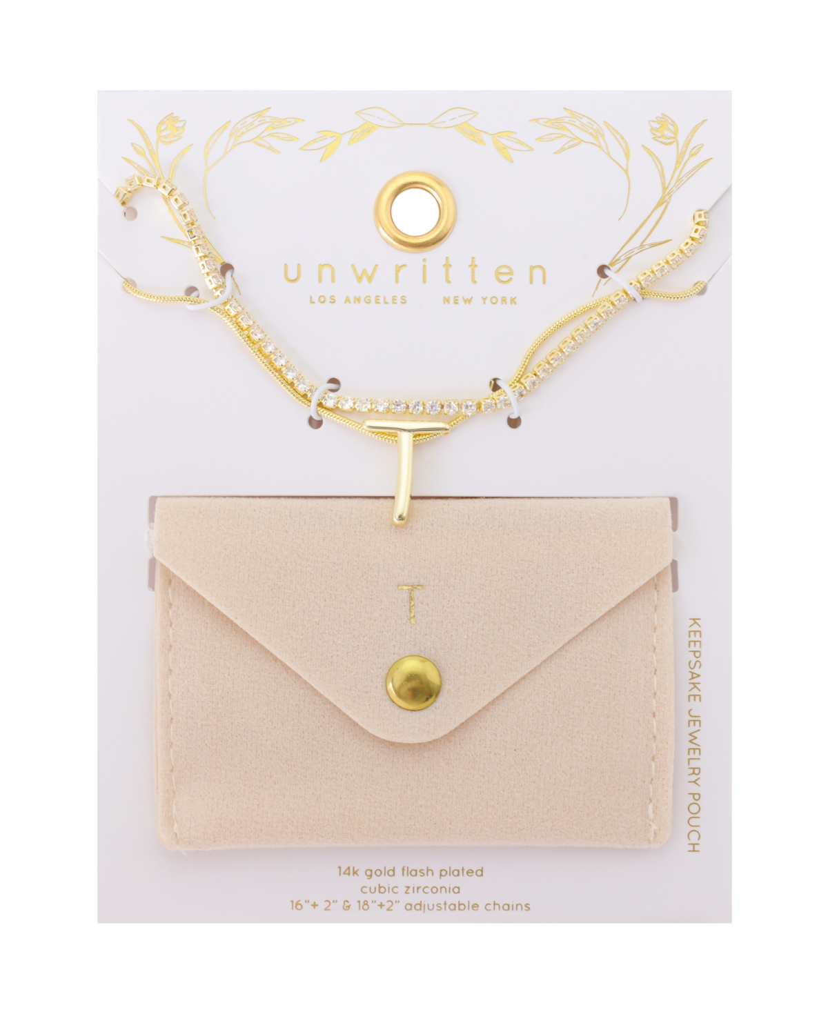 Unwritten Letter "T" Initial Snake Chain Cubic Zirconia Chain Necklace With Extender 2Pcs Set