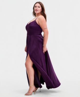 Trendy Plus Size Satin Sleeveless Front-Slit Gown