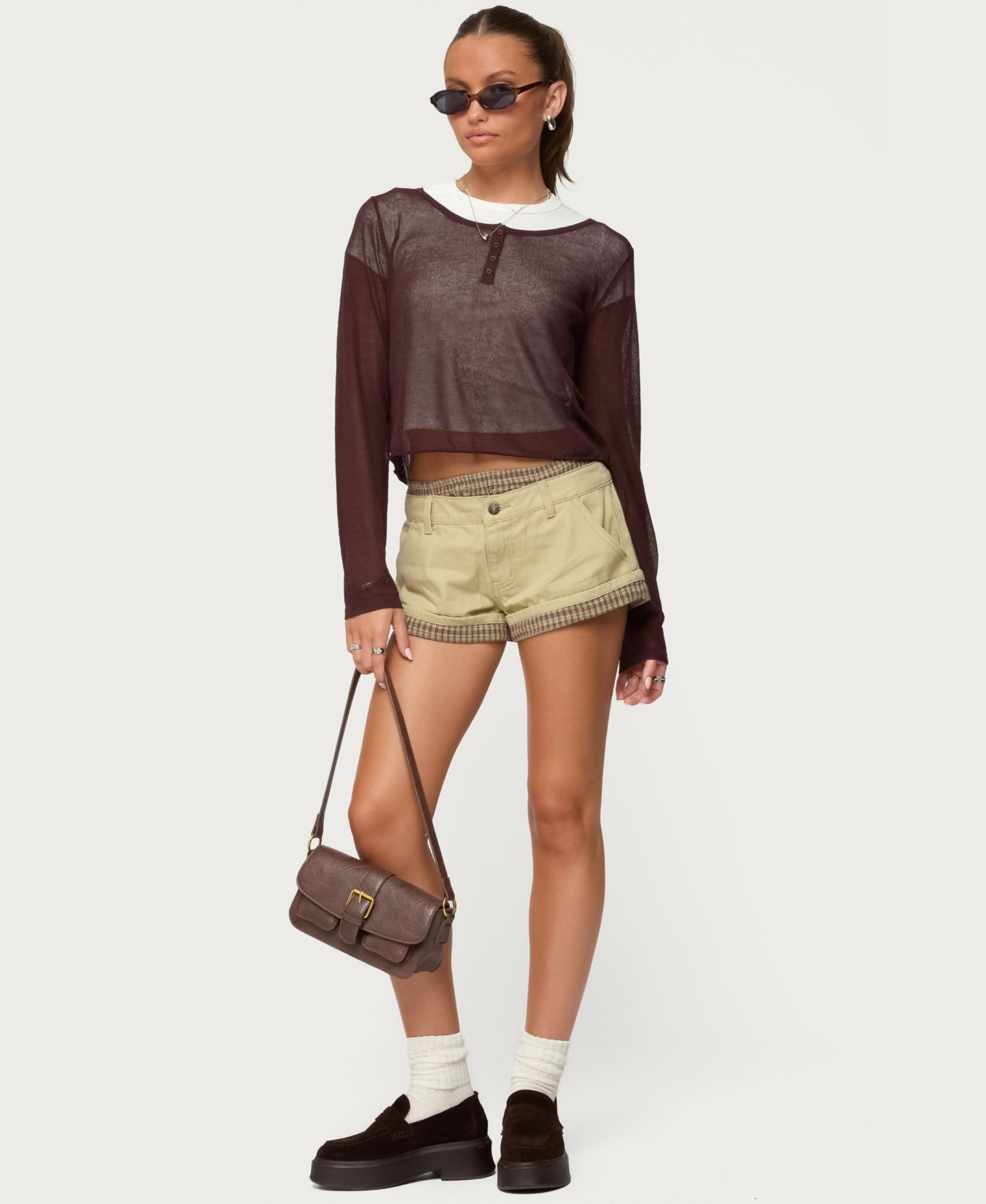 Женский топ Edikted Kilian Sheer Knit Henley, цвет: Коричневый — фото 5