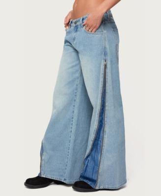 Women's Zippered Washed Wide Leg Jeans