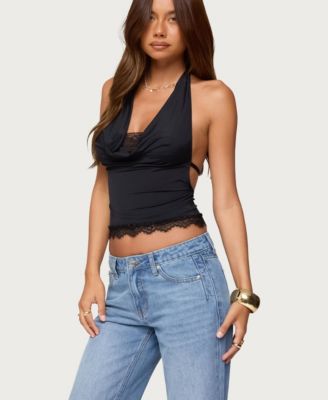 Women's Layered Lacey Cowl Neck Halter Top
