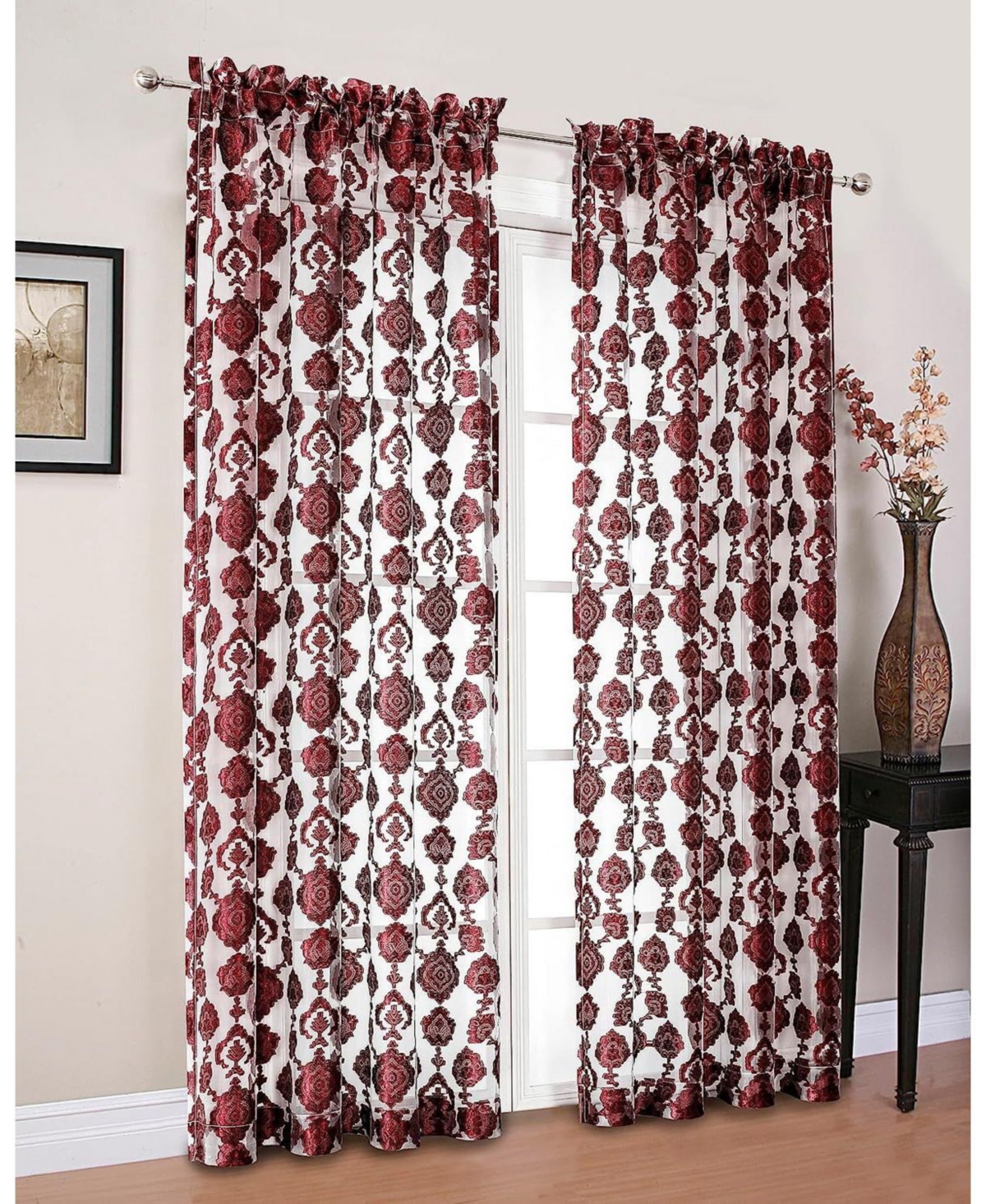 Moroccan Accents by Kate Aurora 1 Piece Rod Pocket Clipped Elegant Sheer Curtain Panel - Burgundy