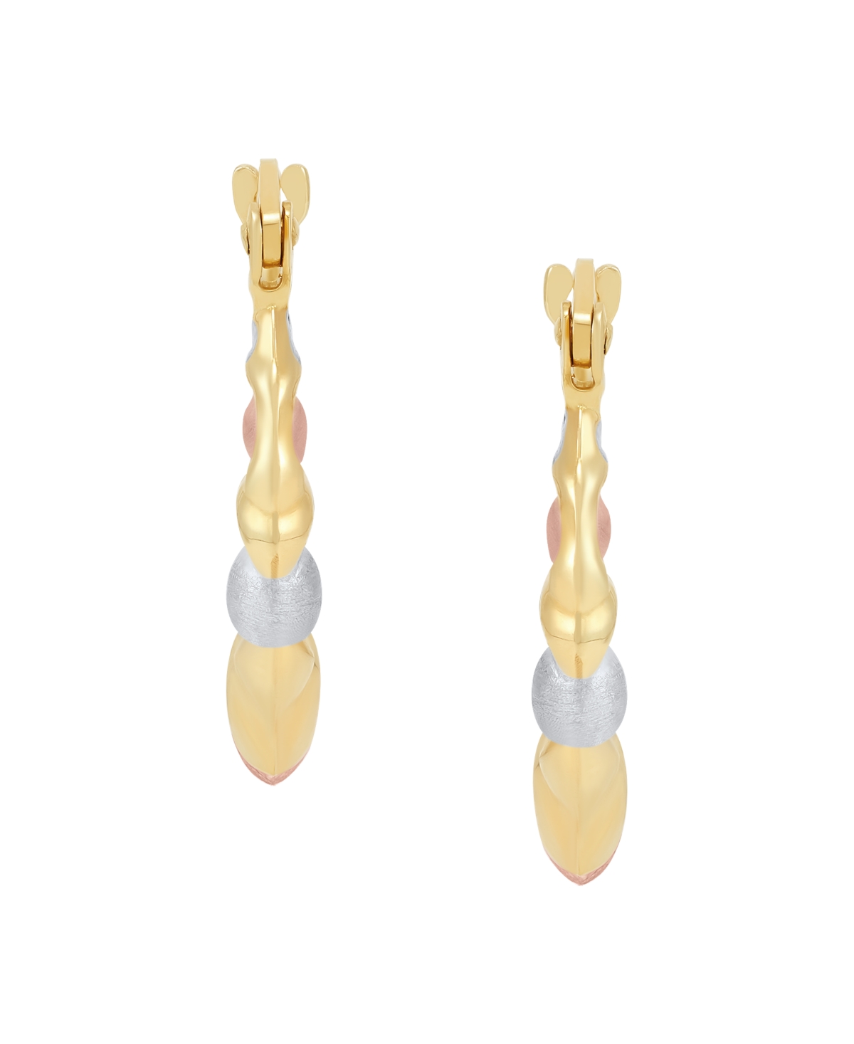 Macy's Satin Polished Triple Tone Graduated Xoxo Oval Hoop Earrings In 10k Yellow Gold, Rose Gold And Rhodi In Gold