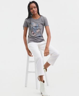 Women's Floral Butterfly Motif Classic Crewneck T-Shirt