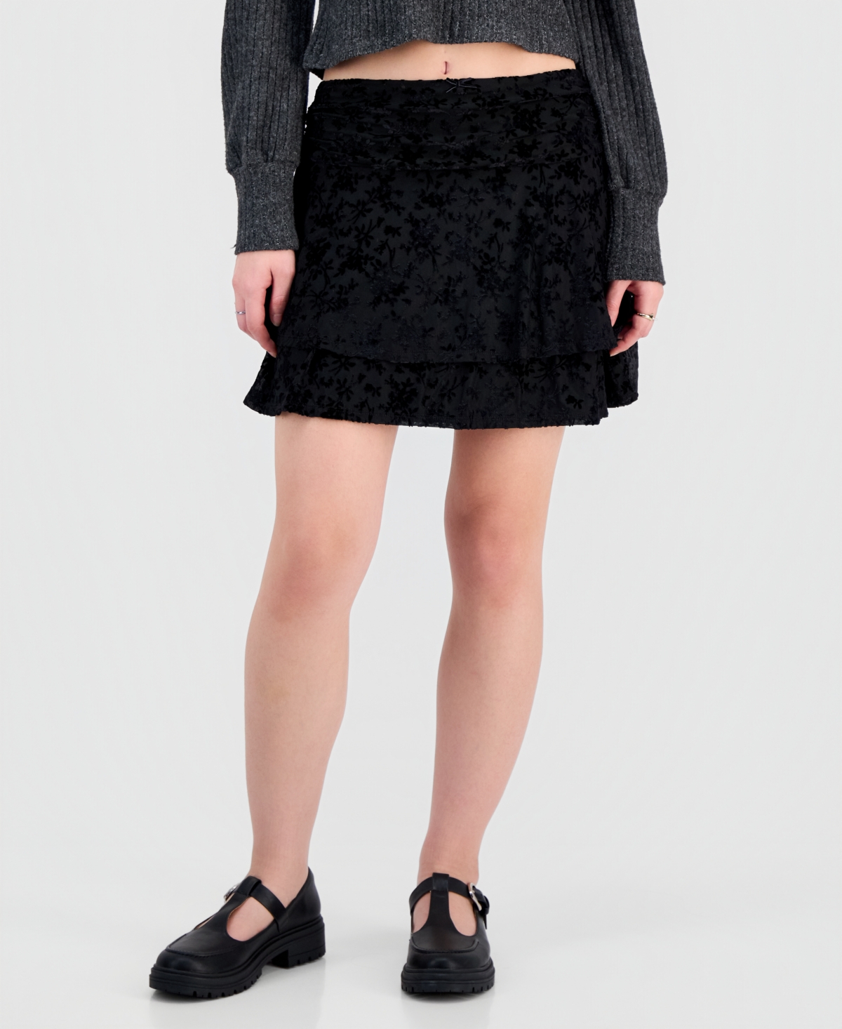 Sincerely Jules Juniors' Flocked Ruffle Lace Skirt In Black