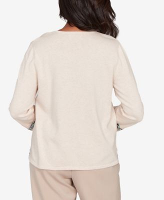 Petite Saratoga Springs Embroidered Floral Three-Quarter Sleeve Sweater