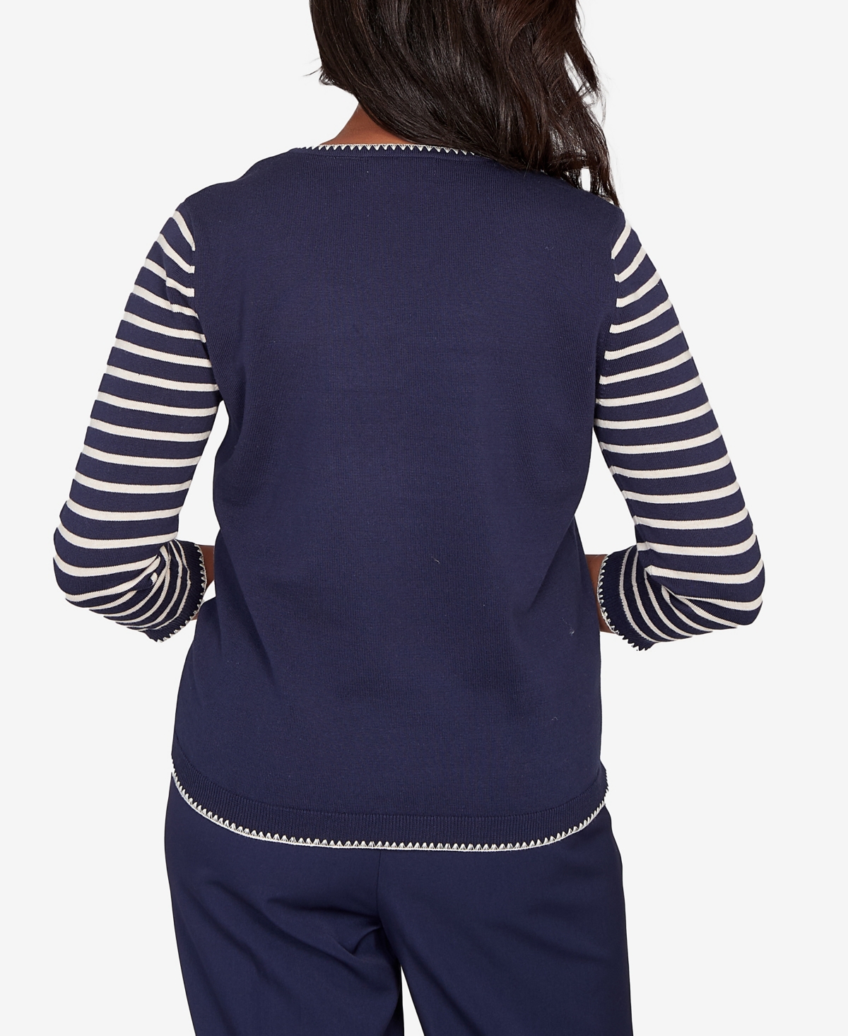 Alfred Dunner Petite Saratoga Springs Heart Motif Detail Striped Sweater