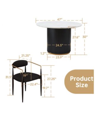 Modern Faux Marble Dining Set With 47" Round Table And 2 Boucle Armchairs Metal Base for Dining Room Kitchen