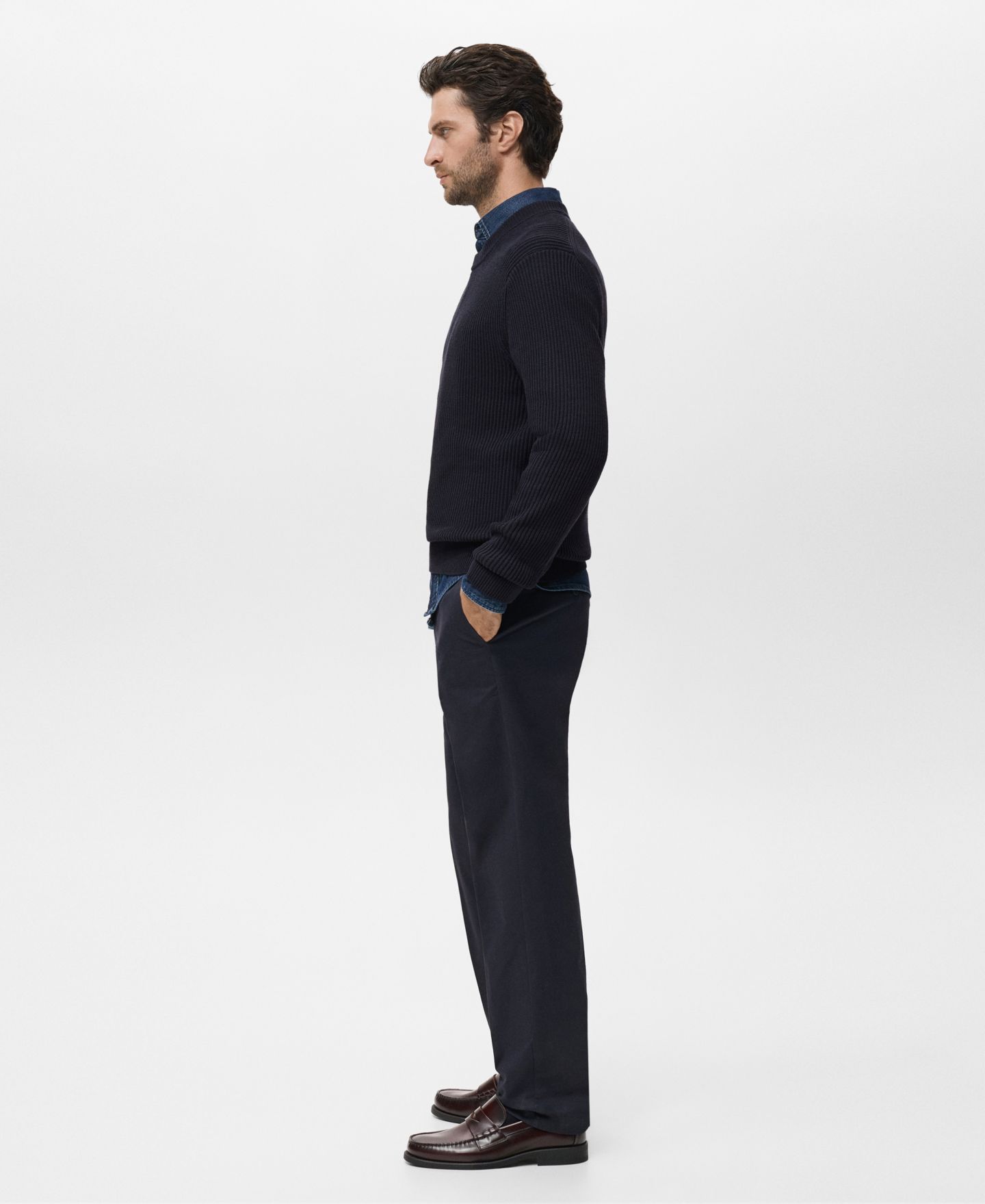 Мужской свитер MANGO Fine Rib-Knit Cotton, цвет: Тёмно-синий — фото 5