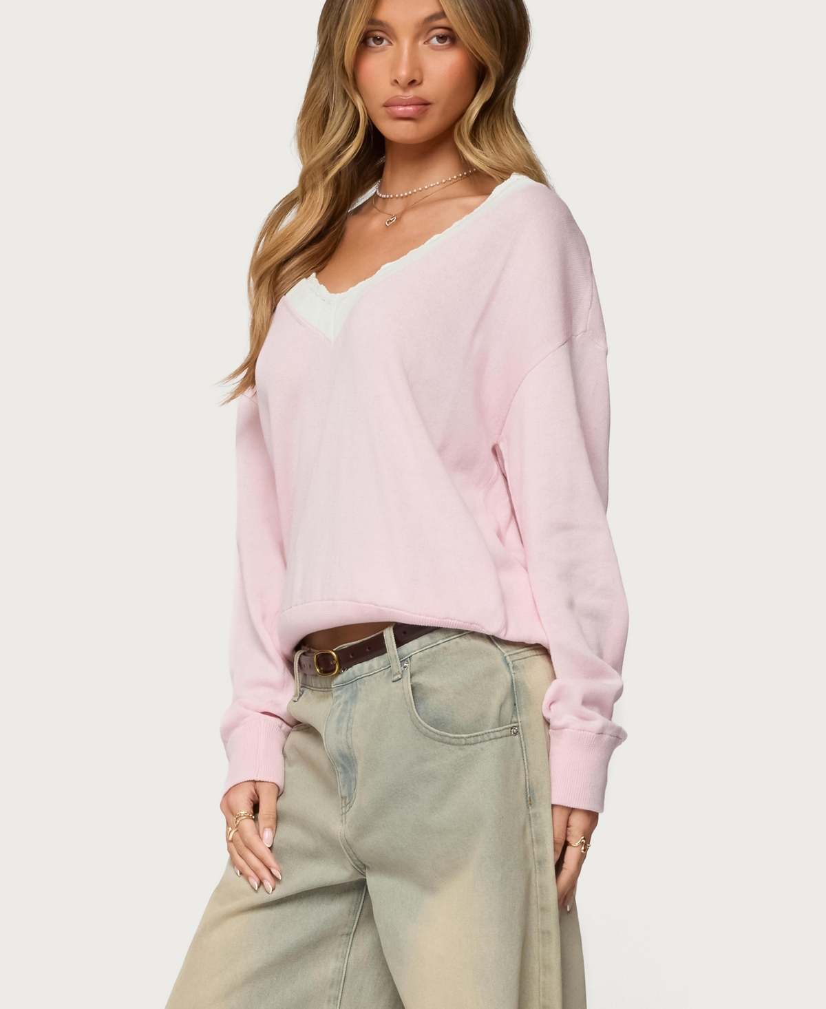 Edikted Women's Marie Contrast Lacey V Neck Sweater