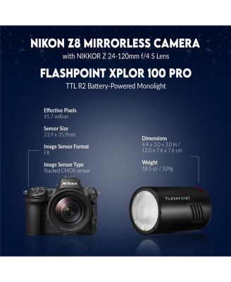 Z8 Mirrorless Camera with NIKKOR Z 24-120mm f/4 S Lens, Bundle with Flashpoint XPLOR 100 Pro TTL R2 Battery-Powered Monolight (Godox AD100 Pro)
