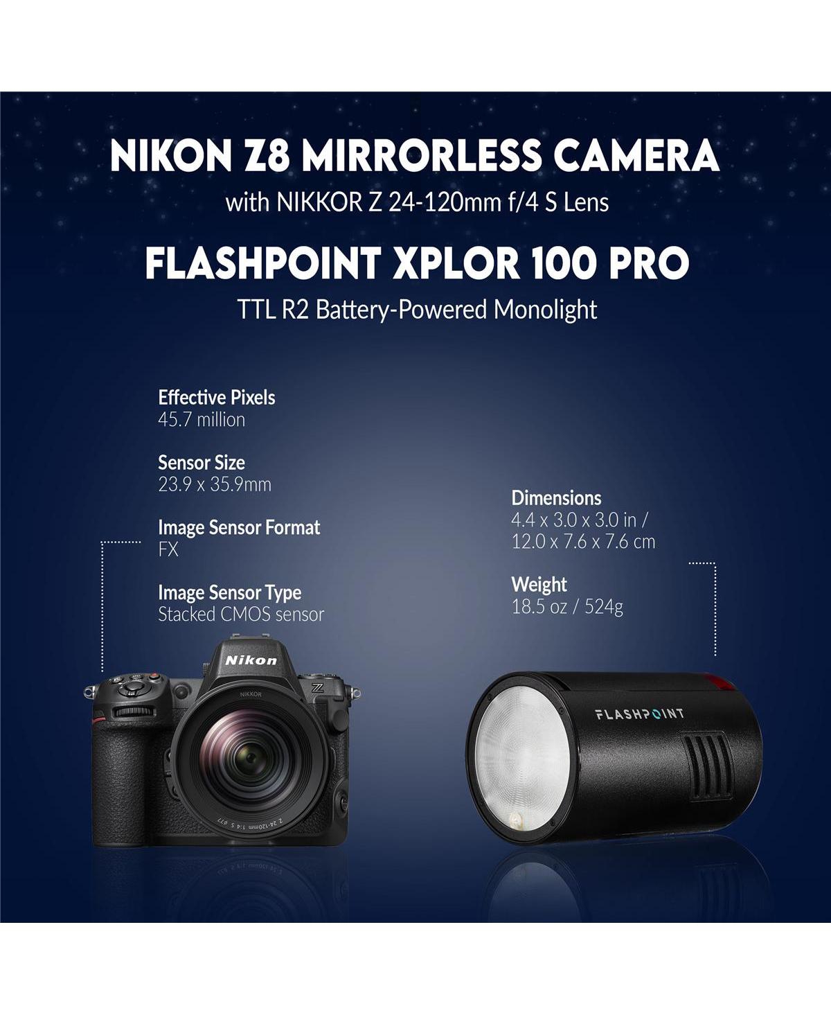 Nikon Z8 Mirrorless Camera with Nikkor Z 24-120mm f/4 S Lens, Bundle with Flashpoint Xplor 100 Pro Ttl R2 Battery-Powered Monolight (Godox AD100 Pro)
